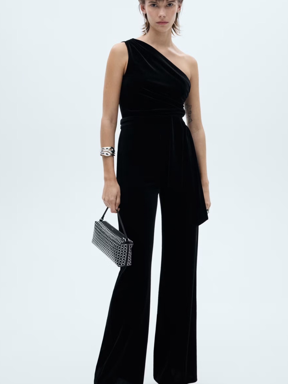 Mango One-Shoulder Black Velvet Jumpsuit with Side Drape